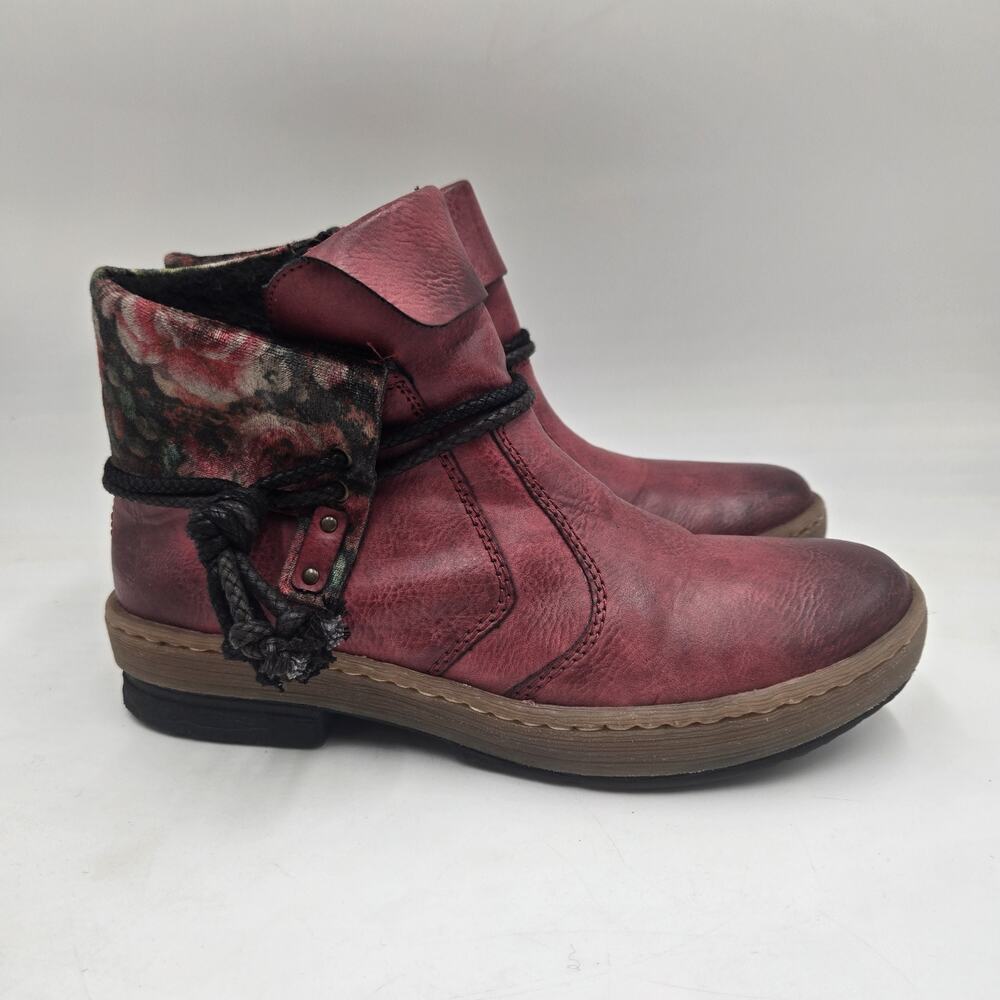 Rieker Ankle Boots Floral Boho 39 US 8.5 Red Burnished Leather Zip Booties Comfy